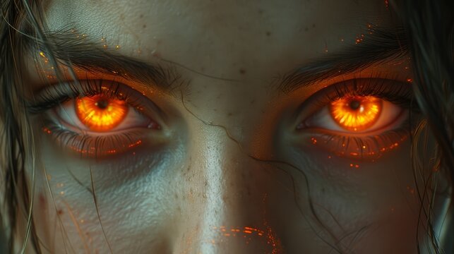  eyes orange-glowing, long locks Her left eye centers a radiant red orb