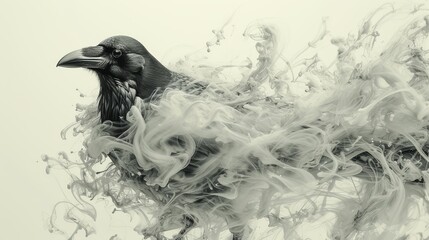   A black-and-white image of a bird exhaling substantial smoke from its beak - obrazy, fototapety, plakaty