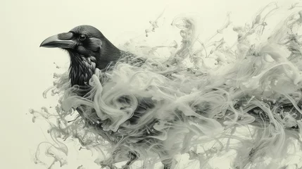 Foto op Canvas   A black-and-white image of a bird exhaling substantial smoke from its beak © Wall