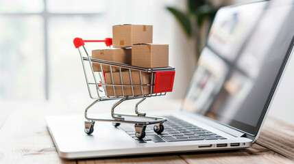 Online e-commerce concept with shopping cart full of boxes on top of laptop computer with bokeh window background.