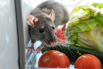 closeup of rat nibbling on a fridge door vegetable