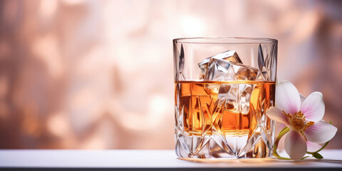 Whiskey or scotch glass with orchid flower on a white table. Spring promotional banner of alcoholic beverages.