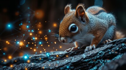 Obraz premium A tight shot of a squirrel perched on a tree branch against a softly blurred backdrop of fireflies