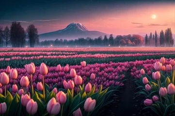 Fotobehang tulip field by the mountains at sunrise created with Generative AI technology © Edi