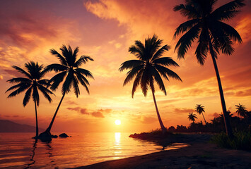 Fototapeta na wymiar Background tropical natural landscape with coconut palm trees on fantastic sunset, amazing orange sky with clouds. Concept of summer vacation and business travel. Beauty in tropic climate. Copy space