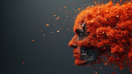   A man with an orange wig and mask hides amidst orange and black confetti