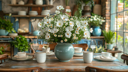 table setting with flowers  in a cafe