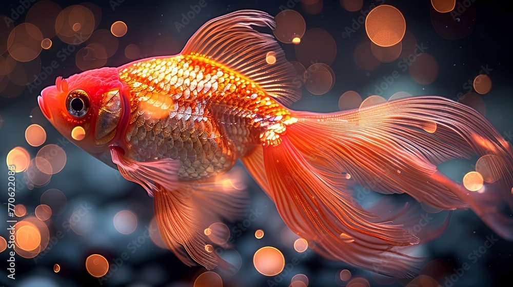 Wall mural   A goldfish in focus inside an aquarium, background lights subtly blurred