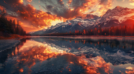 The Bow River transforms into a mirror-like surface, capturing the breathtaking reflection of the Rocky Mountains against a fiery sunset. 32K. - obrazy, fototapety, plakaty