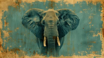   An elephant, its tusks curved, confronts a weathered blue-yellow wall Peeling paint reveals underlying hues - obrazy, fototapety, plakaty