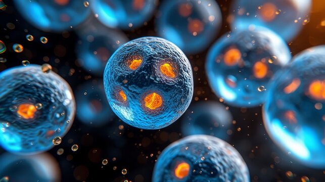   A collection of blue and orange spheres suspended in dark blue space, adorned with water droplets at their bases