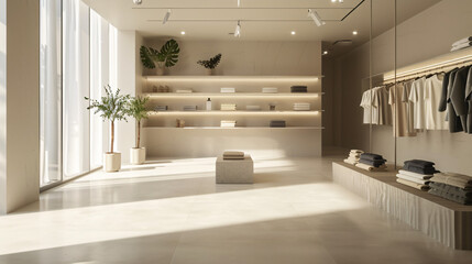 A minimalist fashion boutique with clean shelves and soft diffused lighting.