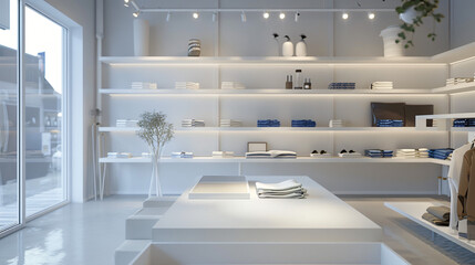 A minimalist fashion boutique with clean shelves and soft diffused lighting. - obrazy, fototapety, plakaty