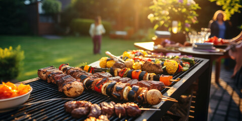 Meat and vegetables on wooden skewers lie on a barbecue grill. Backyard party or picnic. - obrazy, fototapety, plakaty