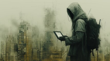   A man in a hooded jacket holds a tablet before a cityscape of tall skyscrapers