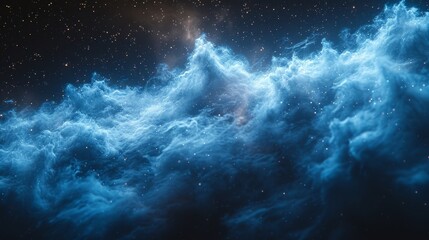 Fototapeta premium A massive blue cloud, positioned centrally in the velvety night sky, is adorned with twinkling stars and culminates in a radiant light at its terminus