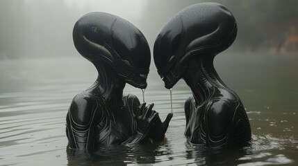   Two black alien statues submerged in a tranquil water body Surrounding are lush trees, and above, fog gently obscures the sky - obrazy, fototapety, plakaty