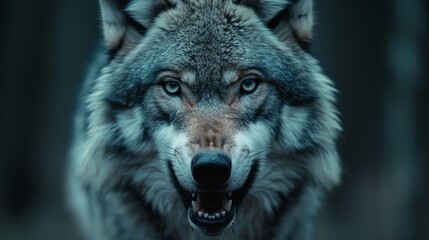   A close-up of a wolf's face with its mouth agape - obrazy, fototapety, plakaty