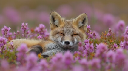 Fototapeta premium A close-up of a fox lying in a field of flowers with its eyes closed