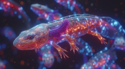   A tight shot of a lizard against a black backdrop, adorned with vibrant lighting upon its body and hind limbs - obrazy, fototapety, plakaty