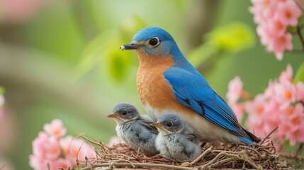 Fototapeta premium A blue-orange bird sits atop its nest, flanked by two baby birds A pink flower lies nearby