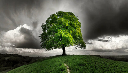 Single green tree on top of a hill, black and white landscape with dramatic sky with storm clouds....