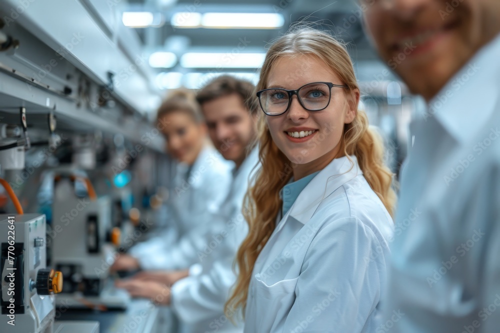 Aufkleber team of smiling scientists analyzing lithium-ion batteries in high-tech laboratory