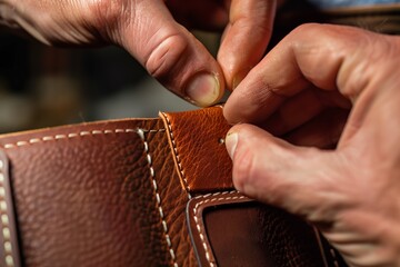 man attaching a leather patch with a contrasting seam - obrazy, fototapety, plakaty