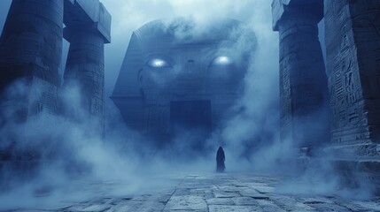   A man stands in a fog-shrouded street, before a stone edifice His eyes radiate light