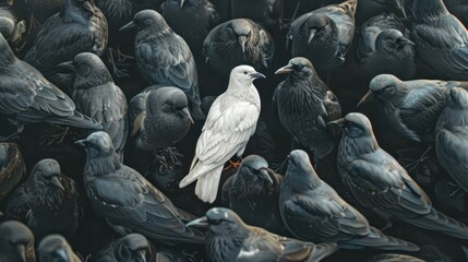Standing out from the crowd , white bird standing between man gray birds, Generative AI illustration - obrazy, fototapety, plakaty