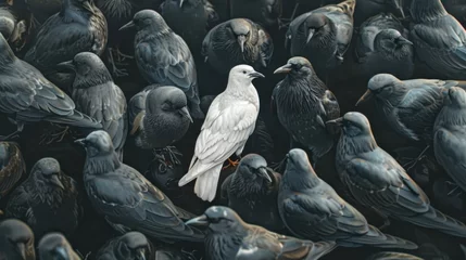 Fotobehang Standing out from the crowd , white bird standing between man gray birds, Generative AI illustration © 2D_Jungle