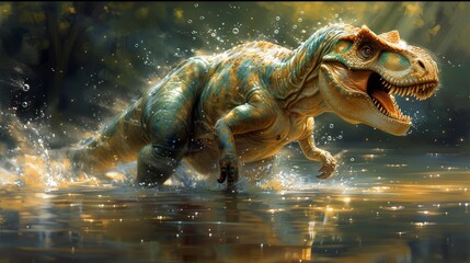   A painting of a T-rex dinosaur at a water edge, mouth agape - obrazy, fototapety, plakaty