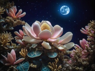 Enjoy coral magnolias from a low Angle, a sky full of stars and a bright moon in the background. AI generation.