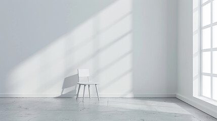 A minimalist room with stark white walls a single window and a lone chair embodying isolation. - obrazy, fototapety, plakaty