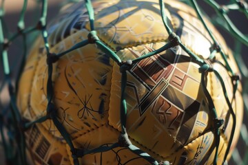 close shot of soccer ball, nets pattern shadowed on it - obrazy, fototapety, plakaty