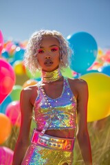 Fototapeta premium An attractive lady models a sparkling halter top paired with a glittery belt and sequined trousers amidst a field of colorful balloons