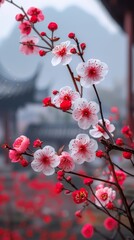 a cherry blossom branch sticks out of the frame in the distance, with red and white flowers on the tree