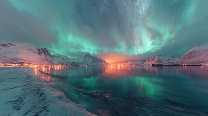 Aurora borealis over the sea, snowy mountains and city lights at night. Northern lights in Lofoten islands, Norway. Starry sky with polar lights. Winter landscape with aurora, reflection,milky way sta - obrazy, fototapety, plakaty