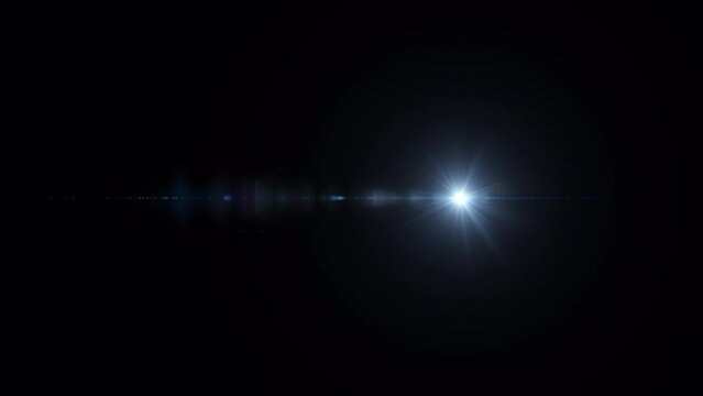 Abstract beautiful flickering white blue optical lens flares shine streaks light animation art moving from left to right side on black background. promote advertising concept isolate using QuickTime A