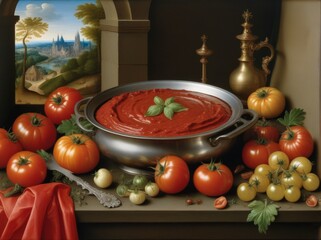 Ketchup and tomato healthy food theme, classic Renaissance still life style. AI generation.