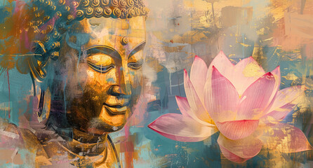 a painting of golden buddha with a pink lotus