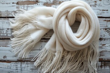 plain winter scarf in white wood floor background, top view 