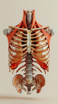 Create a lifelike 3D model of the intercostal muscles, highlighting their role in respiration