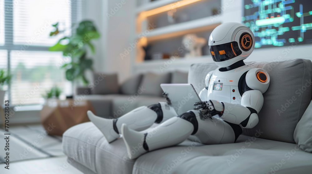Poster robot sitting on couch using laptop
