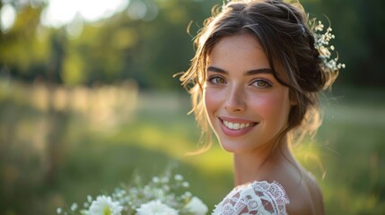 beautiful wedding bride smiling holding white bouquet outdoors - Powered by Adobe