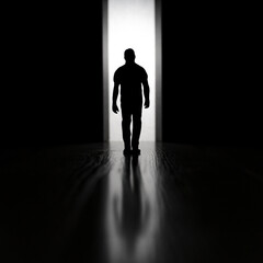 Man getting out of dark room trough bright doorway - obrazy, fototapety, plakaty