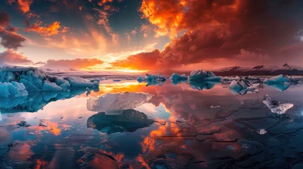 Papier Peint photo autocollant Réflexion An evening photograph of the serene beauty of glaciers and icebergs in Iceland, with vibrant colors reflecting off their surfaces under an orange sunset sky