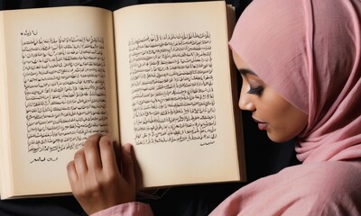 A woman engrossed in reading the Arabic text of a book, captured in a moment of peaceful reflection. The book's detailed script adds a cultural richness to the image.