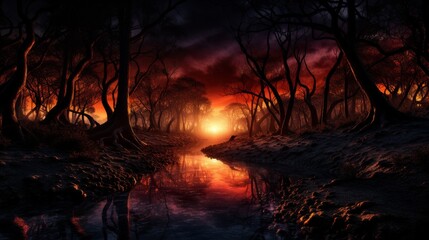 Enchanted forest at twilight, magical artifacts and glowing runes scattered beneath ancient trees, mystic warriors emerging from the shadows