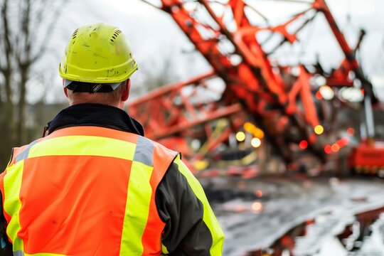 worker with a highvis jacket signaling crane mishap